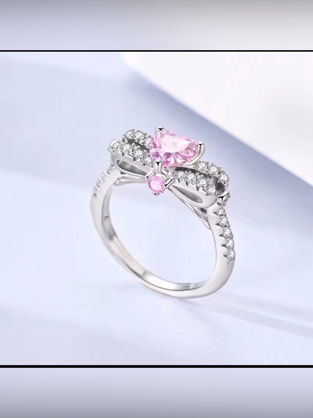 Sterling Silver Pink Heart Ring with Bow Accent
